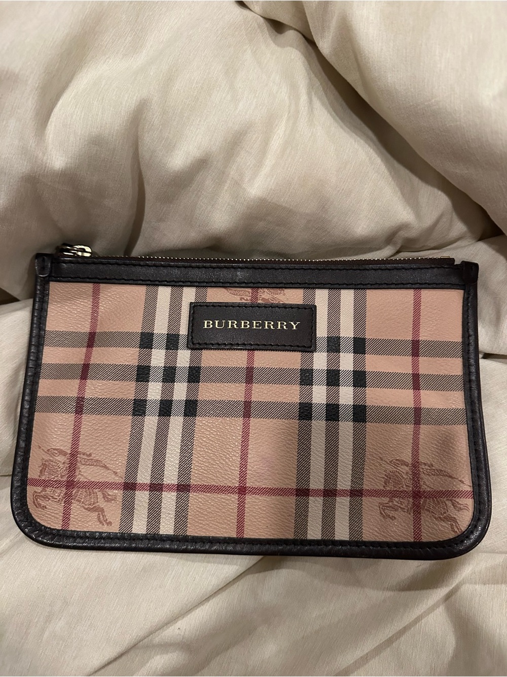 Burberry Tan and Black Check Zip Pouch with Red Accents. 100% authentic